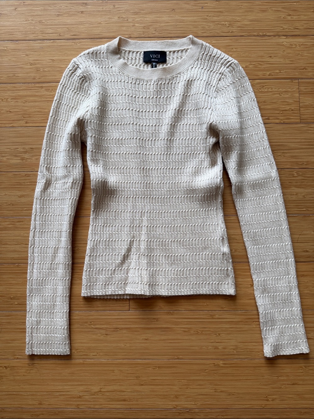 Vici Cream Textured Knit Long Sleeve Sweater